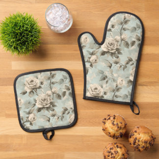 Blue and white floral shabby chic oven mitt & pot holder set