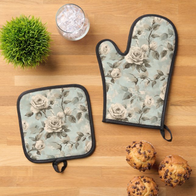 Blue and white floral shabby chic oven mitt & pot holder set (Top Down)