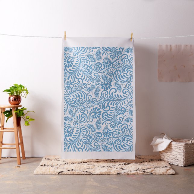 Blue and white floral swirls and butterflies fabric (In Situ)