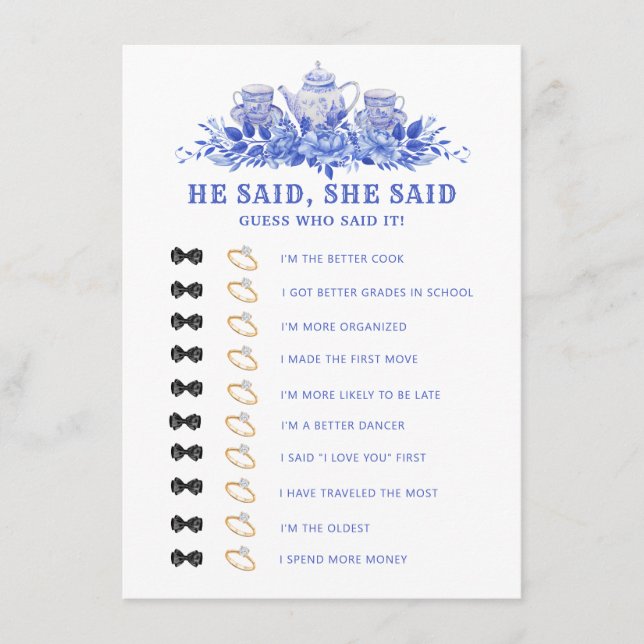 Blue and White Floral Tea Bridal Shower Game Card  (Front)