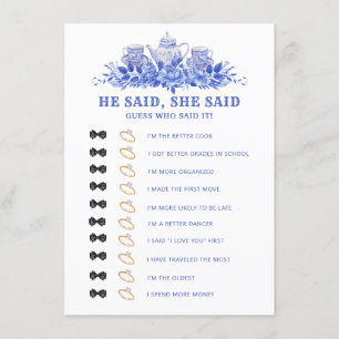 Blue and White Floral Tea Bridal Shower Game Card