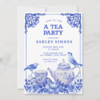 Blue and White Floral Tea Party Invitation