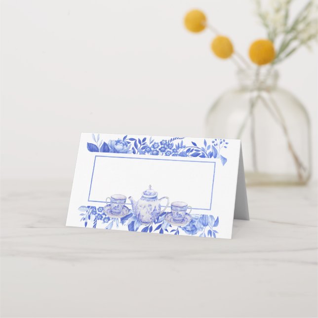 Blue and White Floral Tea Pot and Tea Cups Place Card (Back)