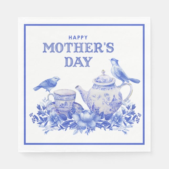 Blue and White Floral Tea Pot | Mother's Day Napkin (Front)