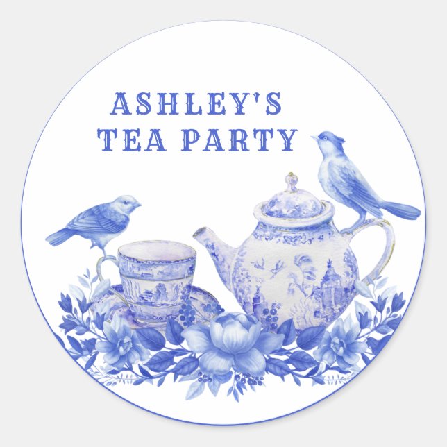Blue and White Floral Tea Pot with Birds  Classic  Classic Round Sticker (Front)