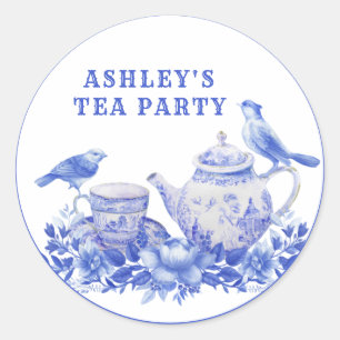 Blue and White Floral Tea Pot with Birds  Classic  Round Sticker