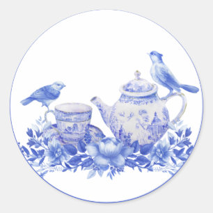 Blue and White Floral Tea Pot with Birds Classic Round Sticker