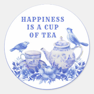 Blue and White Floral Tea Pot with Birds Classic Round Sticker