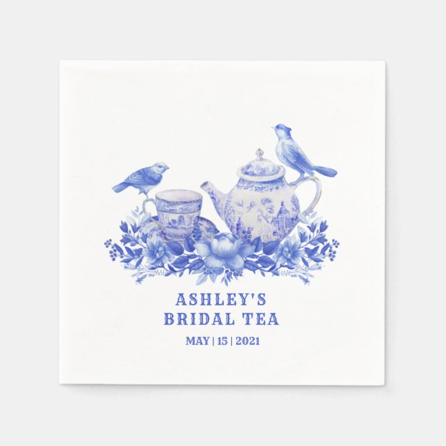 Blue and White Floral Tea Pot with Birds  Napkin (Front)