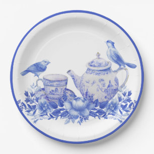 Blue and White Floral Tea Pot with Birds Paper Plate