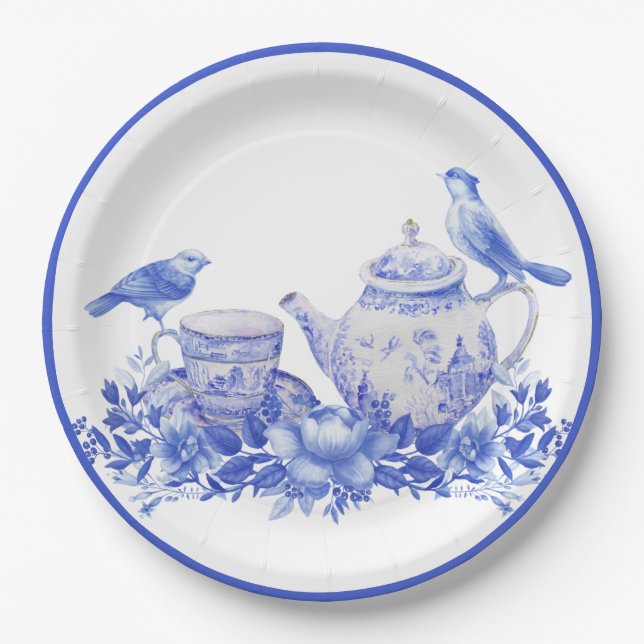 Blue and White Floral Tea Pot with Birds Paper Plate (Front)