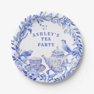 Blue and White Floral Tea Pot with Birds  Paper Plate