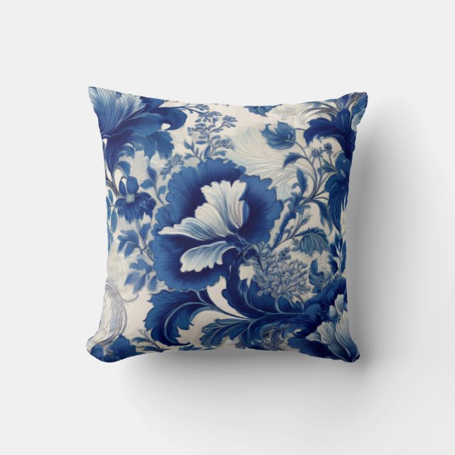 Blue and white floral throw pillow (Front)
