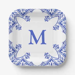 Blue and White Floral Tile Monogram Napkins Paper Plate