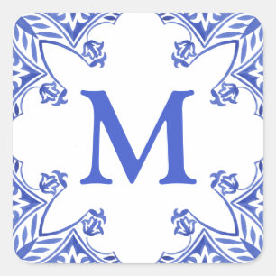 Blue and White Floral Tile Monogram Square Sticker