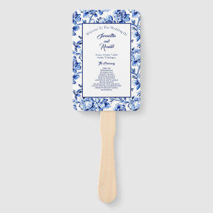 Blue and White Floral Toile Wedding Program Hand Fan