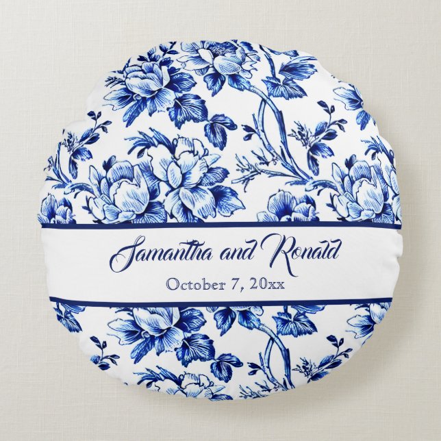 Blue and White Floral Toile Wedding Round Cushion (Front)