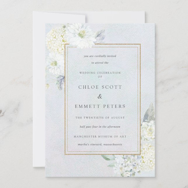 Blue and White Floral Watercolor Wedding Invitation (Front)