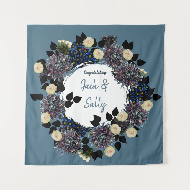 Blue and white floral wedding backdrop tapestry (Front)