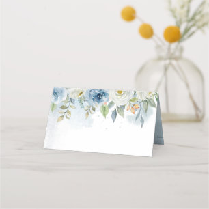Blue and White Floral Wedding Folded Place Card