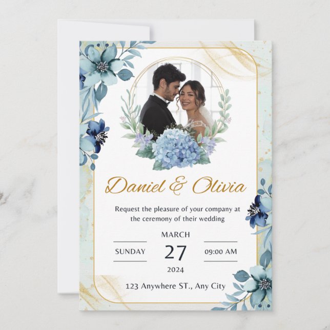 Blue and White Floral Wedding Invitation (Front)