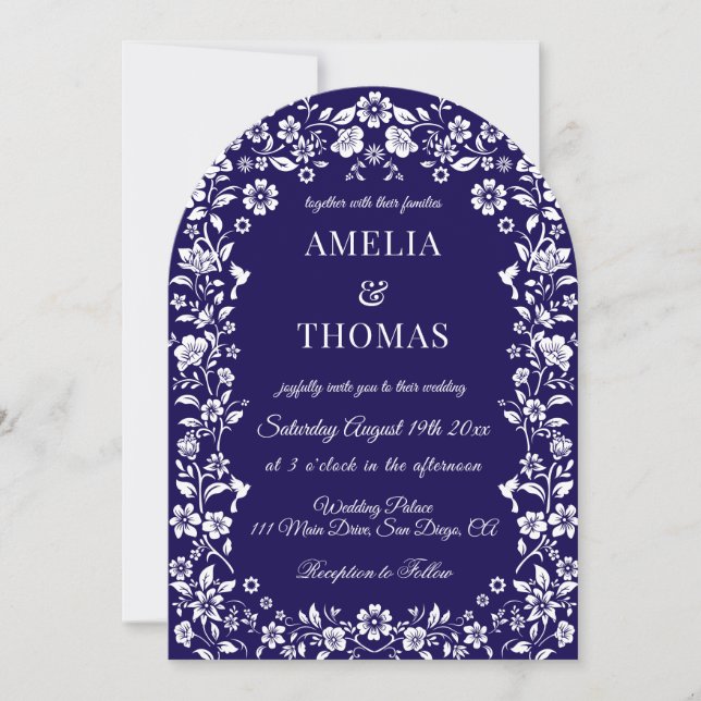 Blue and White Floral Wedding  Invitation (Front)