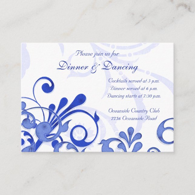 Blue and White Floral Wedding Reception Card (Front)