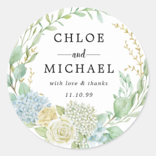 Blue and White Floral Wedding Thank You Favour Sea Classic Round Sticker