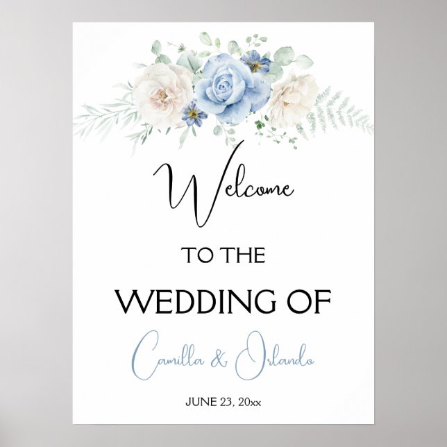 Blue and White Floral Welcome to Our Wedding Poster (Front)