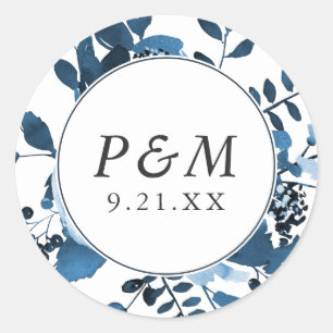 Blue and White Floral with Monogram Wedding Classic Round Sticker