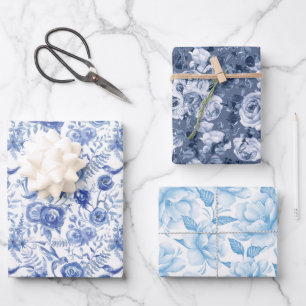 Blue and White Floral Wrapping Paper Sheet