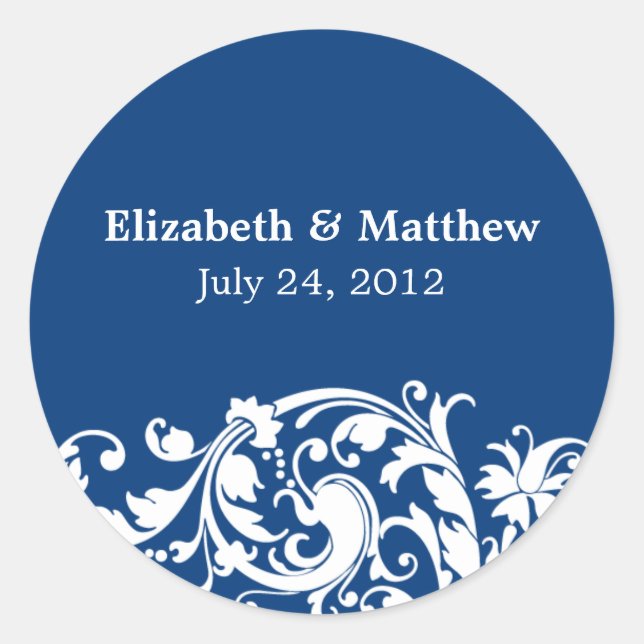 Blue and White Flourish Swirl Wedding Favour Label (Front)