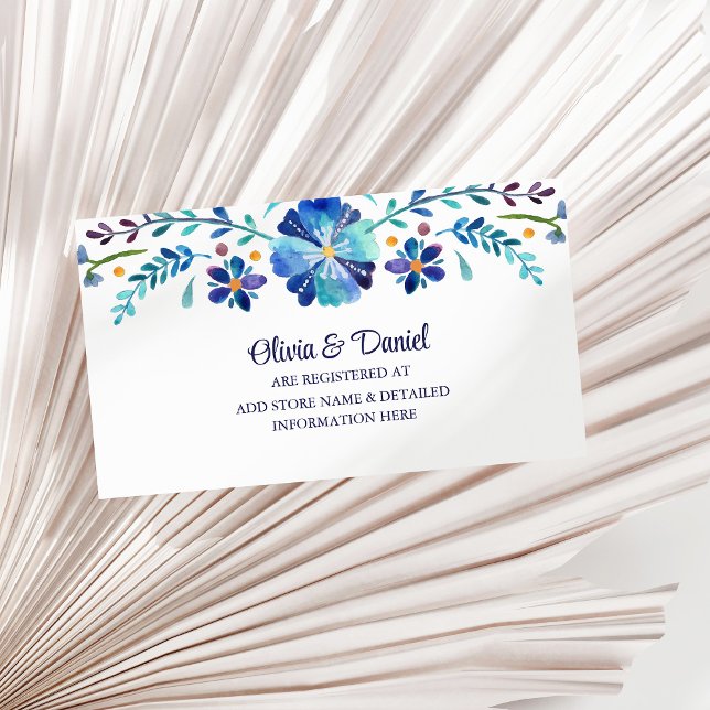 Blue and White Flower Fiesta Wedding Registry Enclosure Card (Blue and White Flower Fiesta Wedding Registry Enclosure Card on a sunny white dry palm leaf.)