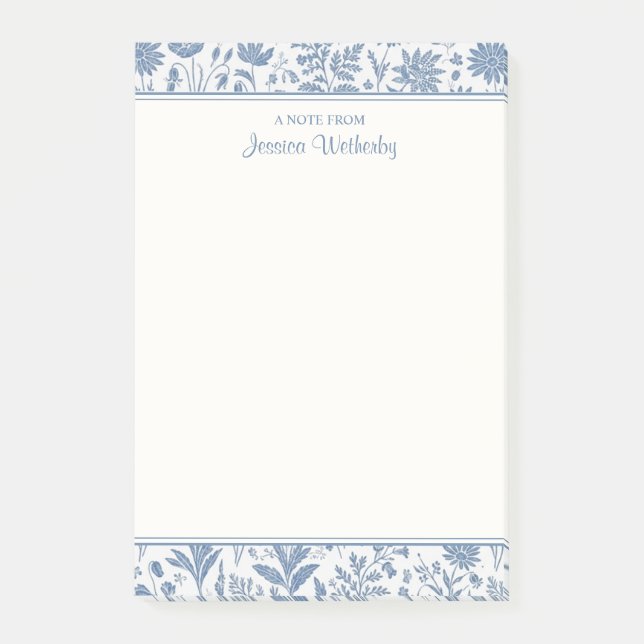 Blue and White Flower Toile Pattern Personalized Post-it Notes (Front)