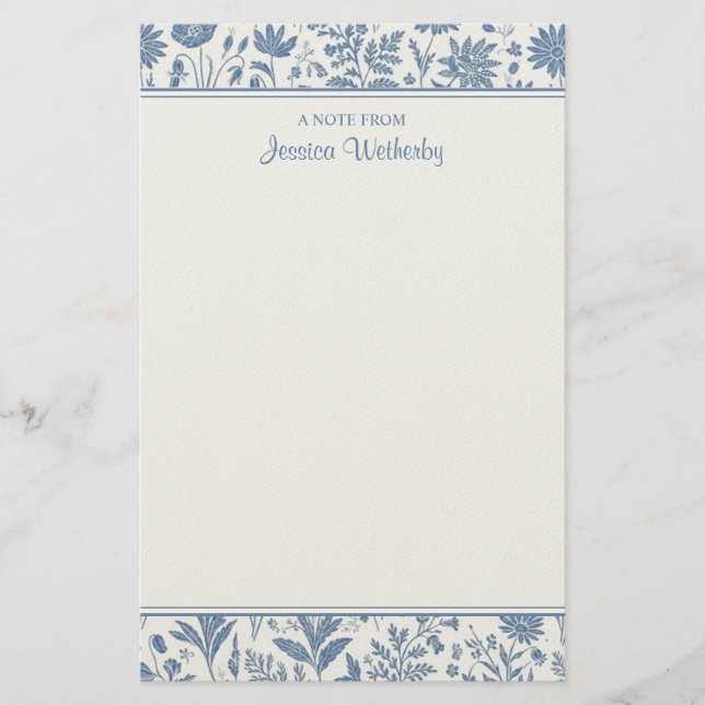 Blue and White Flower Toile Pattern Personalized Stationery (Front)
