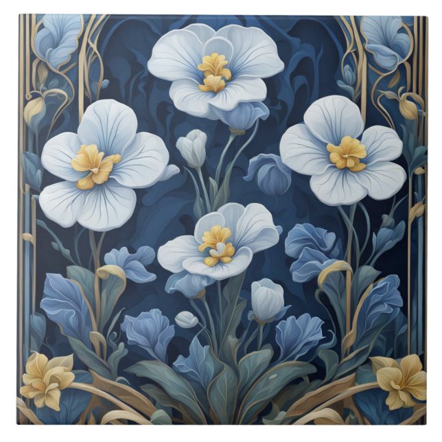 Blue and White Flowers Art Deco Art Nouveau Floral Tile (Front)