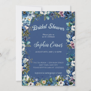 Blue and White Flowers Blue Bridal Shower Invitation
