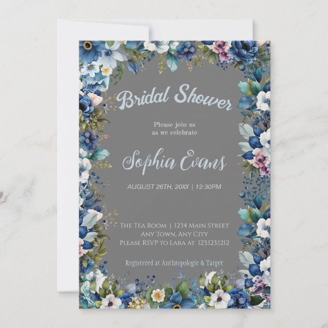 Blue and White Flowers Grey Bridal Shower Invitation (Front)