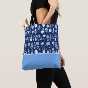 Blue and White Flowers in Vases, Color Block Tote Bag