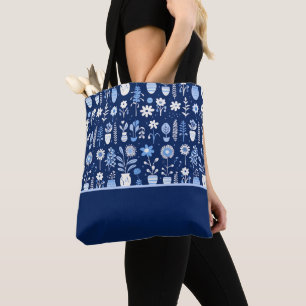 Blue and White Flowers in Vases, Colour Block Tote Bag