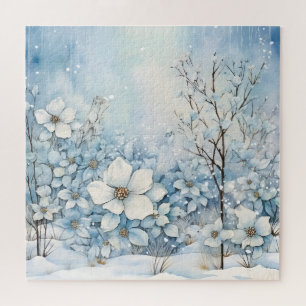 Blue and White Flowers In Winter Snow  Jigsaw Puzzle