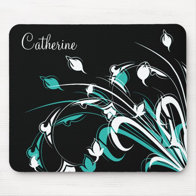 Blue and White Flowers on Black Mouse Mat (Front)