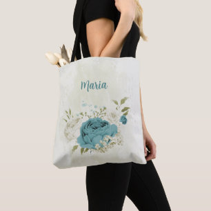 blue and white flowers tote bag