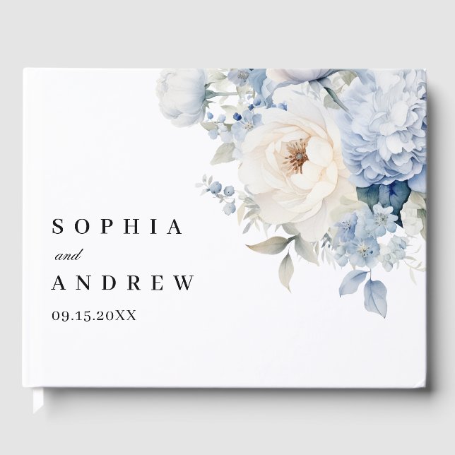 Blue and White Flowers Wedding Guest Book (Front)