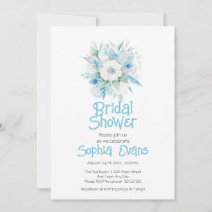 Blue and White Flowers White Bridal Shower Invitation
