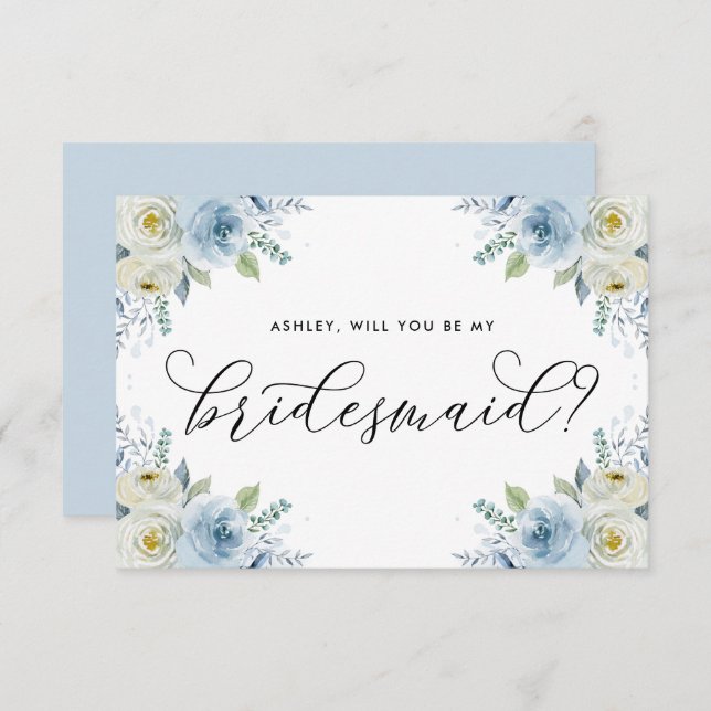 Blue and White Flowers Will You Be My Bridesmaid (Front/Back)