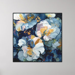 Blue and White Flowers with Gold Accents Abstract Canvas Print