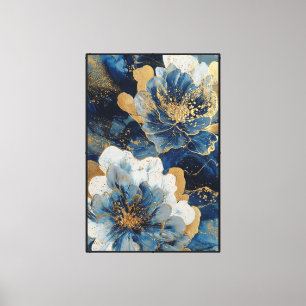 Blue and White Flowers with Gold Highlights Canvas Print