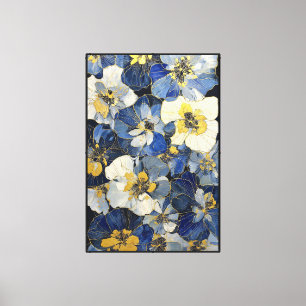 Blue and White Flowers with Gold Outlines Canvas Print