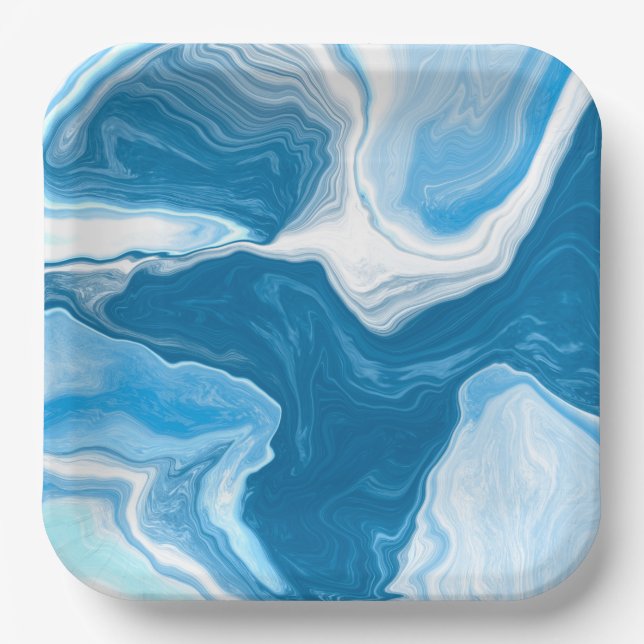  Blue and white Fluid Art Marble   Paper Plate (Front)